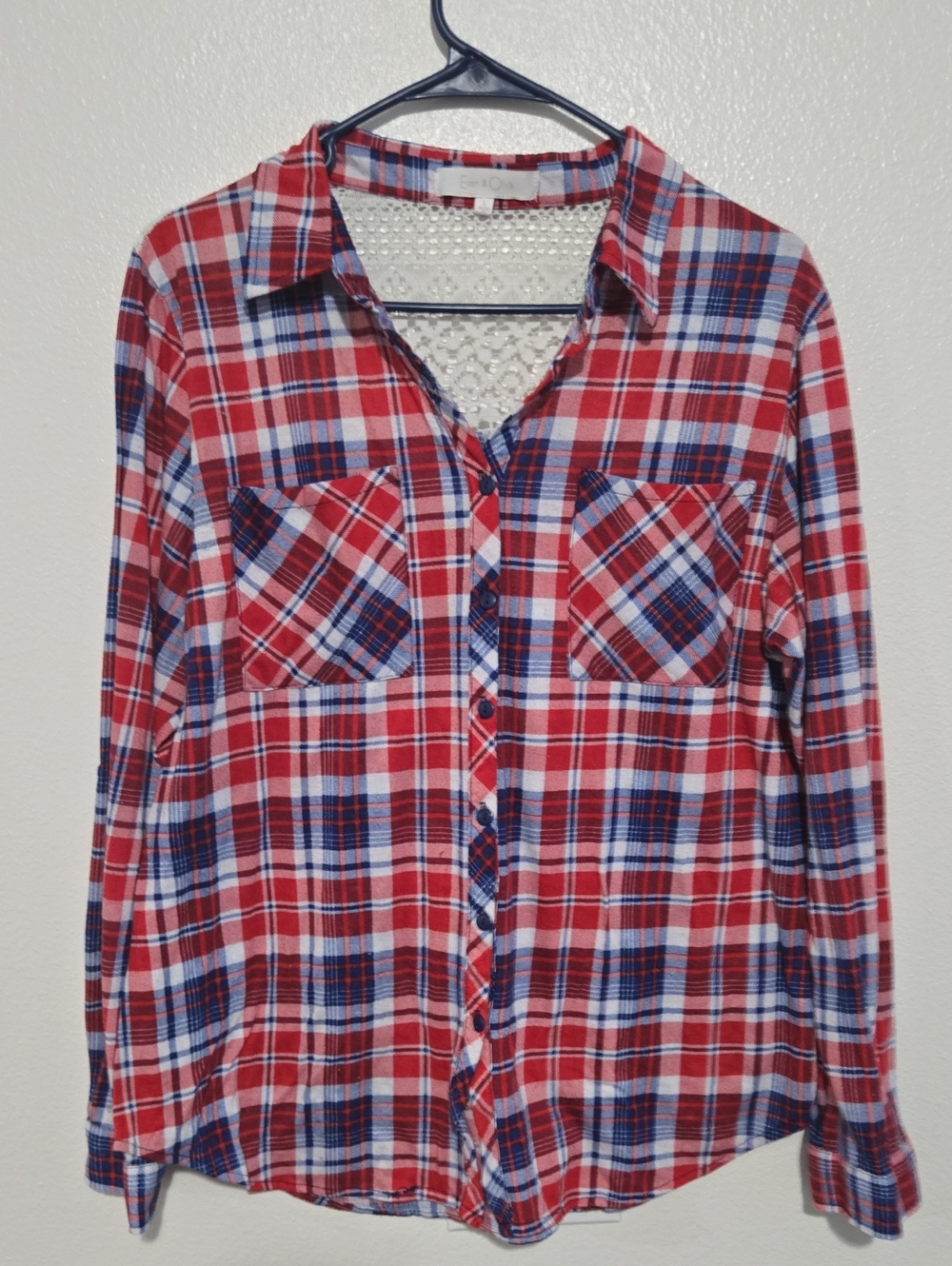 Eden & Olivia Red and Blue Plaid Trim Crochet Top